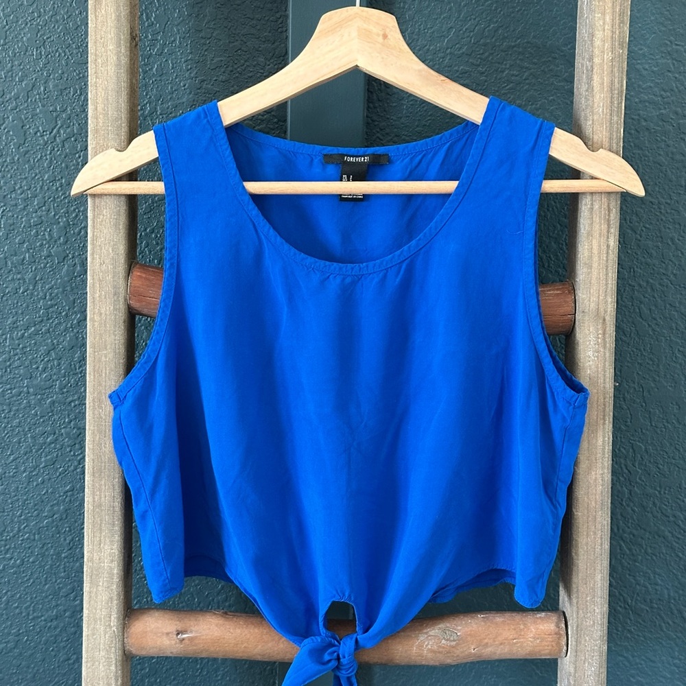 Y2K Forever 21 Royal Blue Tie-Front Crop Tank Top 100% Rayon Womens Size Small
